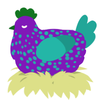A violet and turquoise chicken with a speckle pattern