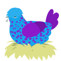 A sky and violet chicken with a speckle pattern