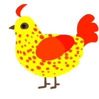 A yellow and vermilion chicken with a speckle pattern