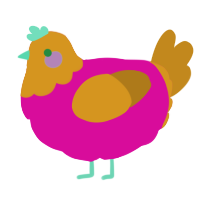 A fuchsia and ochre chicken with a head pattern