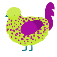 A lime and plum chicken with a speckle pattern