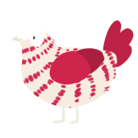 A cream and crimson chicken with a bar pattern