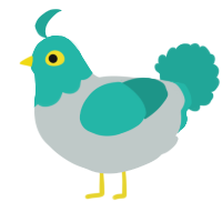 A silver and turquoise chicken with a head pattern