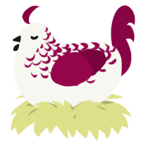 A white and maroon chicken with a half-lace pattern