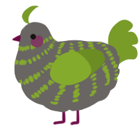 A grey and chartreuse chicken with a bar pattern