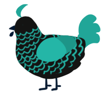 A black and turquoise chicken with a lace pattern