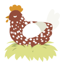 A russet and white chicken with a speckle pattern