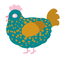 A teal and ochre chicken with a speckle pattern