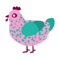 A pink and turquoise chicken with a speckle pattern