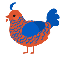 A vermilion and ultramarine chicken with a lace pattern