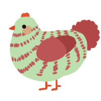 A gluppy and red chicken with a bar pattern