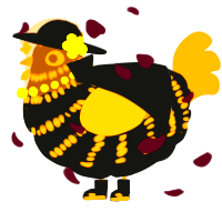 A black and ochre chicken with a bar pattern