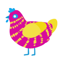A fuchsia and yellow chicken with a bar pattern