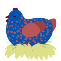 A ultramarine and red chicken with a speckle pattern