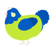 A lime and ultramarine chicken with a head pattern