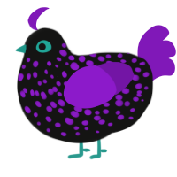 A black and violet chicken with a speckle pattern