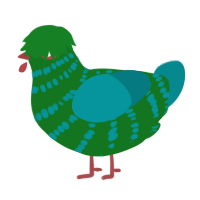 A leaf and teal chicken with a bar pattern