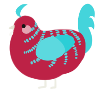 A crimson and aqua chicken with a half-bar pattern