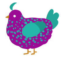 A plum and turquoise chicken with a speckle pattern