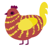 A red and yellow chicken with a bar pattern