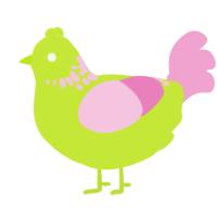 A lime and pink chicken with a neck-speckle pattern
