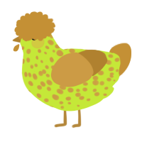 A lime and gold chicken with a speckle pattern