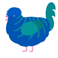 A ultramarine and teal chicken with a half-bar pattern