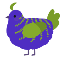 A indigo and chartreuse chicken with a half-bar pattern