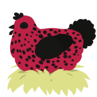A crimson and black chicken with a speckle pattern