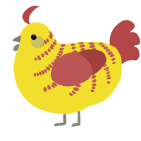 A yellow and red chicken with a half-bar pattern