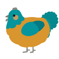 A orange and teal chicken with a head pattern