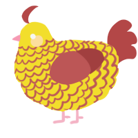 A yellow and red chicken with a lace pattern