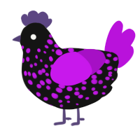 A black and amethyst chicken with a speckle pattern