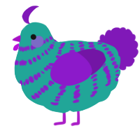 A turquoise and violet chicken with a bar pattern