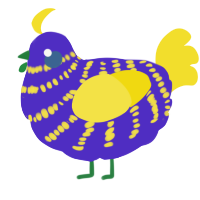 A indigo and yellow chicken with a bar pattern