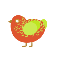 A vermilion and lime chicken with a half-lace pattern