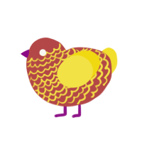 dog, a red and yellow chicken with a lace pattern