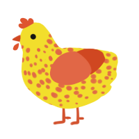 A yellow and vermilion chicken with a speckle pattern