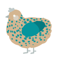 A beige and teal chicken with a speckle pattern