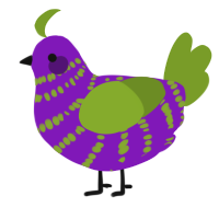 A violet and chartreuse chicken with a bar pattern