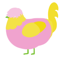 A pink and yellow chicken with a head pattern