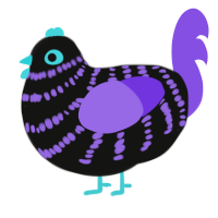 A black and blurple chicken with a bar pattern