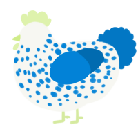 A white and sapphire chicken with a speckle pattern