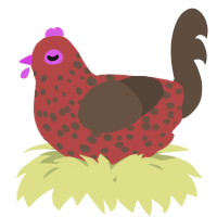 A red and bark chicken with a speckle pattern
