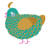 A turquoise and gold chicken with a lace pattern