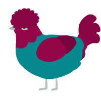A teal and maroon chicken with a head pattern