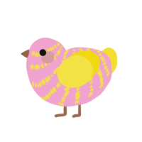 A pink and yellow chicken with a bar pattern