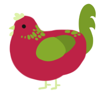 A crimson and chartreuse chicken with a neck-speckle pattern