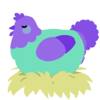 A mint and blurple chicken with a head pattern