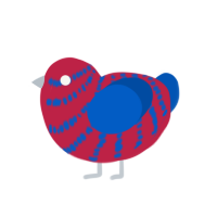 A crimson and ultramarine chicken with a bar pattern
